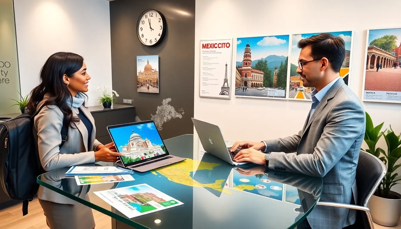 diverse travelers consulting a travel agent about visiting Mexico City.